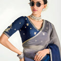 Grey Navy Blue Ombre Organza Saree with Designer Blouse