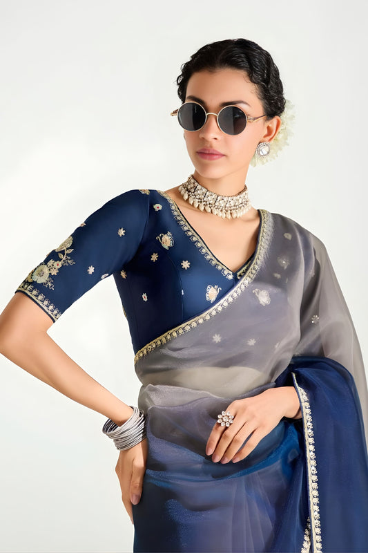 Grey Navy Blue Ombre Organza Saree with Designer Blouse