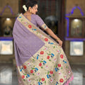 Lavender Purple Floral Woven Linen Silk Saree Designer Peacock Border