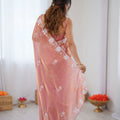 Premium Peach Organza Saree with Elegant White Floral Embroidery Party Wear