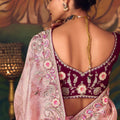 Pink Silk Saree with Heavy Border and Wine Velvet Blouse