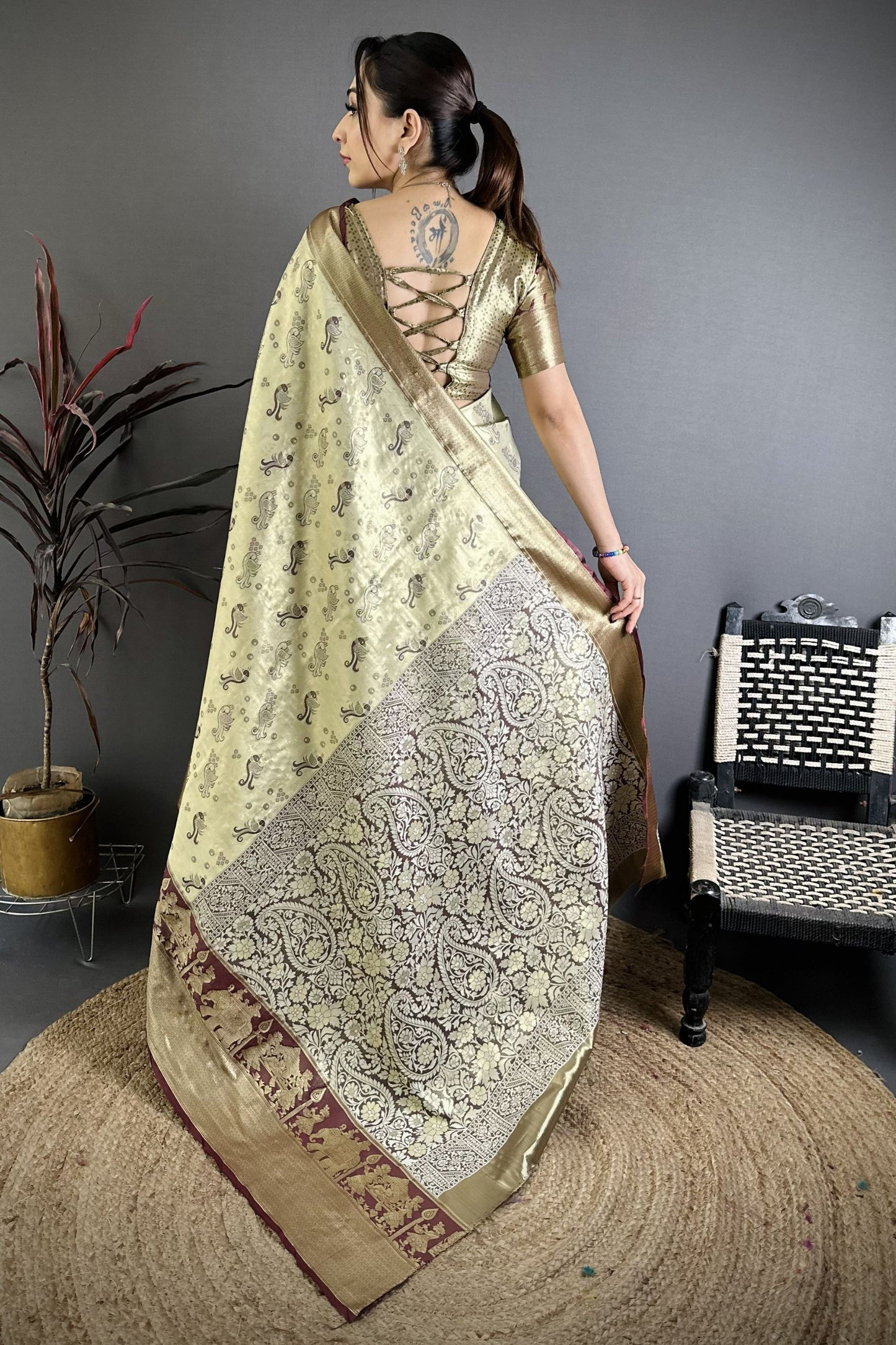 Beige Maroon Kanjivaram Silk Saree Traditional Zari Woven Designer Saree