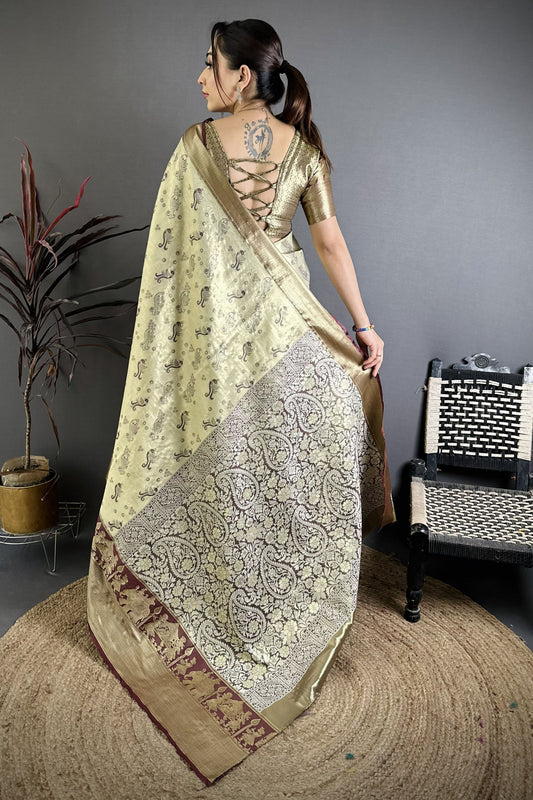 Beige Maroon Kanjivaram Silk Saree Traditional Zari Woven Designer Saree