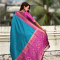 Teal Blue Saree with Pink Contrast Border Traditional Printed Design