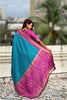Teal Blue Saree with Pink Contrast Border Traditional Printed Design