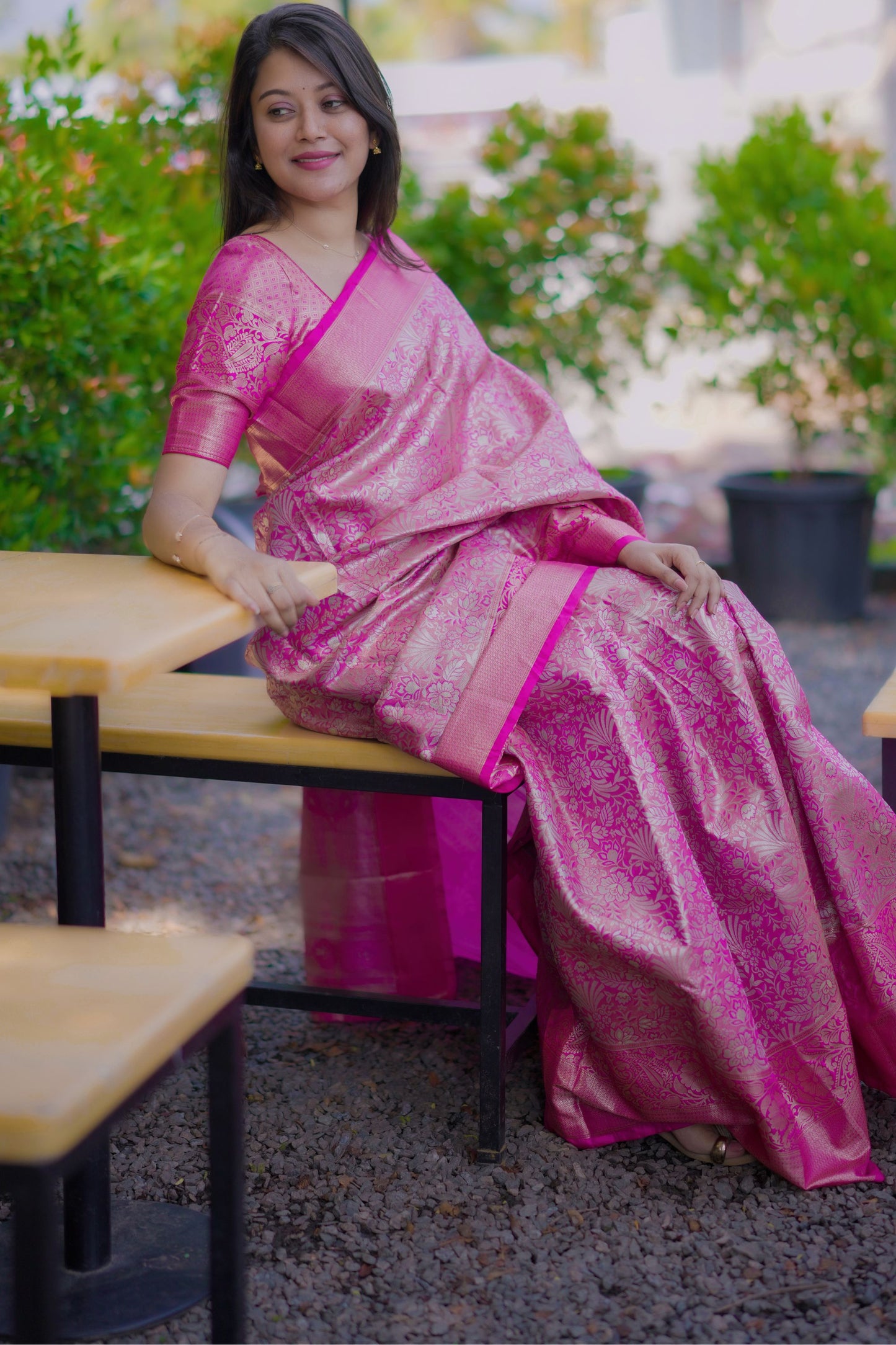 Luxury Rani Pink Banarasi Silk Saree with All-Over Floral Zari Weaving