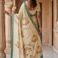 Cream Printed Linen Silk Saree Floral Design and Green Border