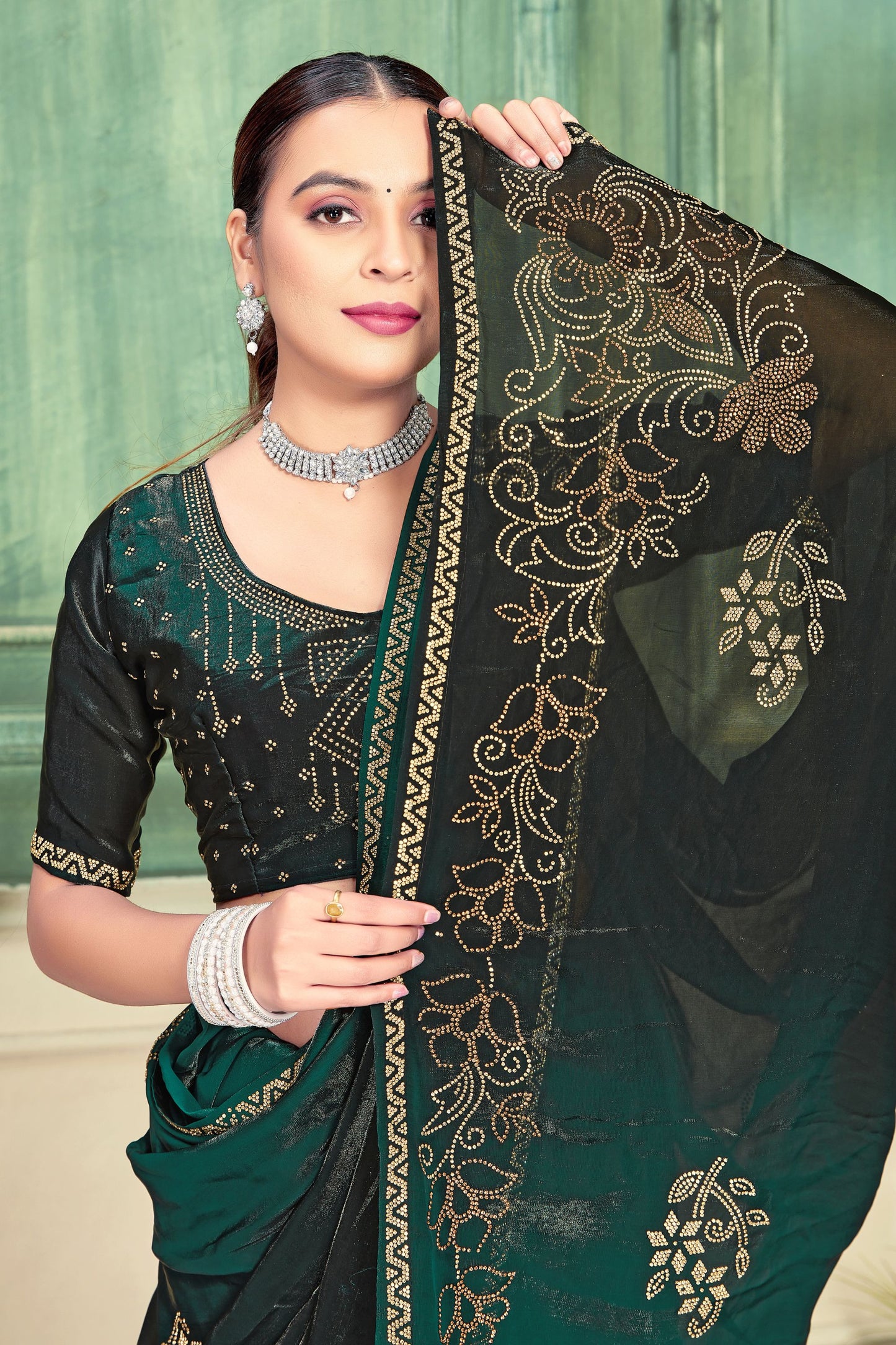 Designer Green Black Embroidered Party Wear Saree With Blouse