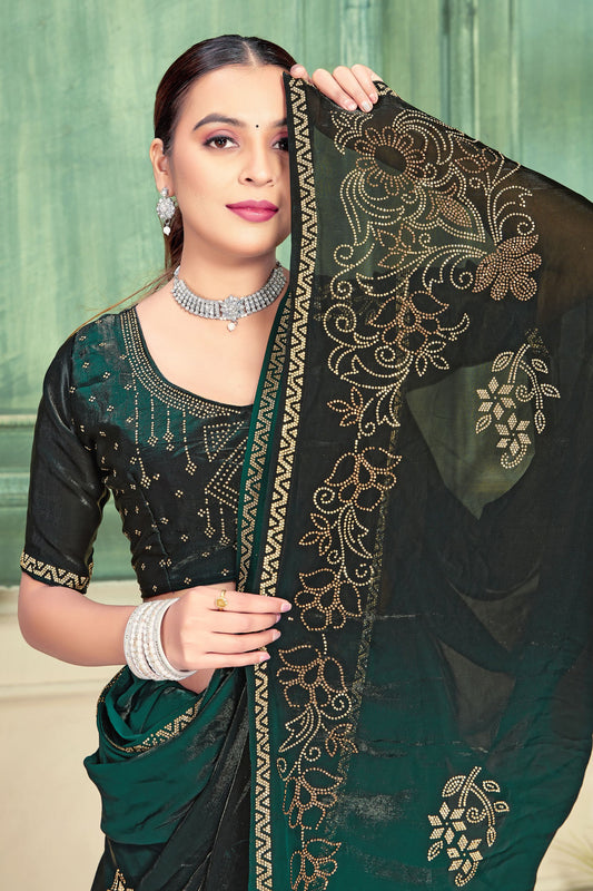 Designer Green Black Embroidered Party Wear Saree With Blouse
