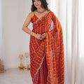 Luxury Rust Orange Organza Silk Saree Golden Zari Embroidery Designer Blouse