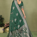 Bottle Green Banarasi Silk Saree Silver Zari Peacock Weaving Blouse Piece