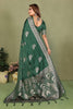 Bottle Green Banarasi Silk Saree Silver Zari Peacock Weaving Blouse Piece