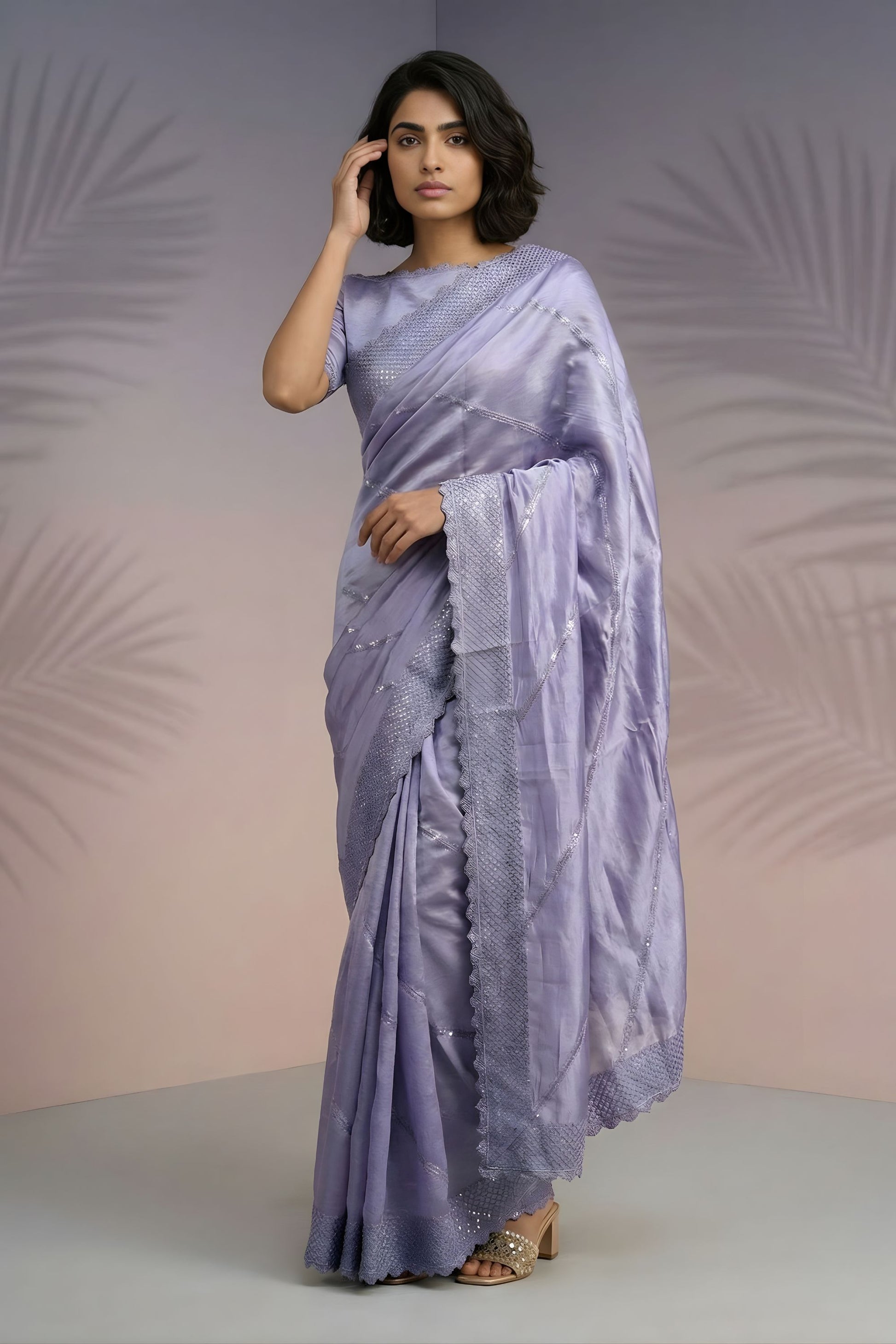 Lavender Silk Saree with Embroidered Border Designer Blouse 