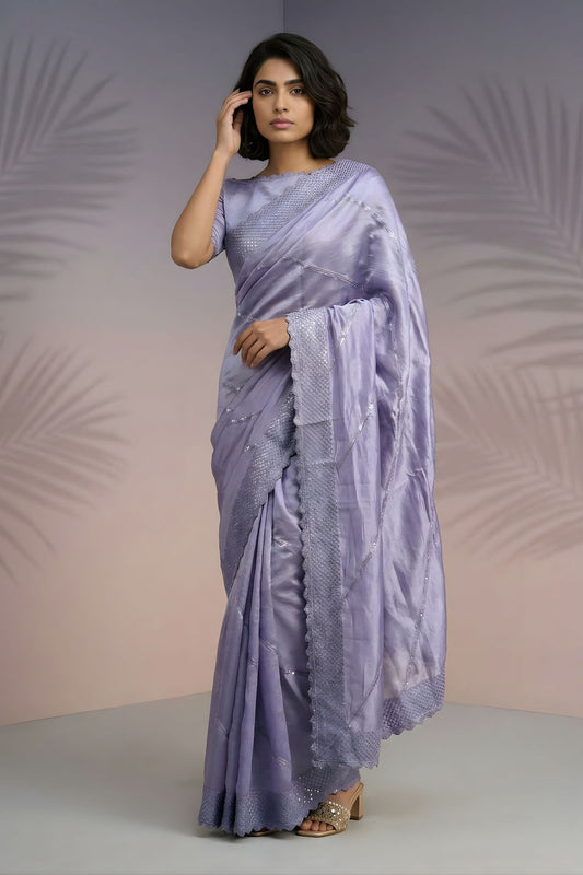 Lavender Silk Saree with Embroidered Border Designer Blouse 