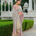 Premium Pink Grey Embroidered Silk Saree Festive Wear