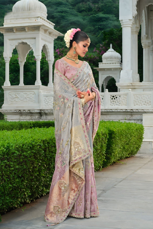 Premium Pink Grey Embroidered Silk Saree Festive Wear