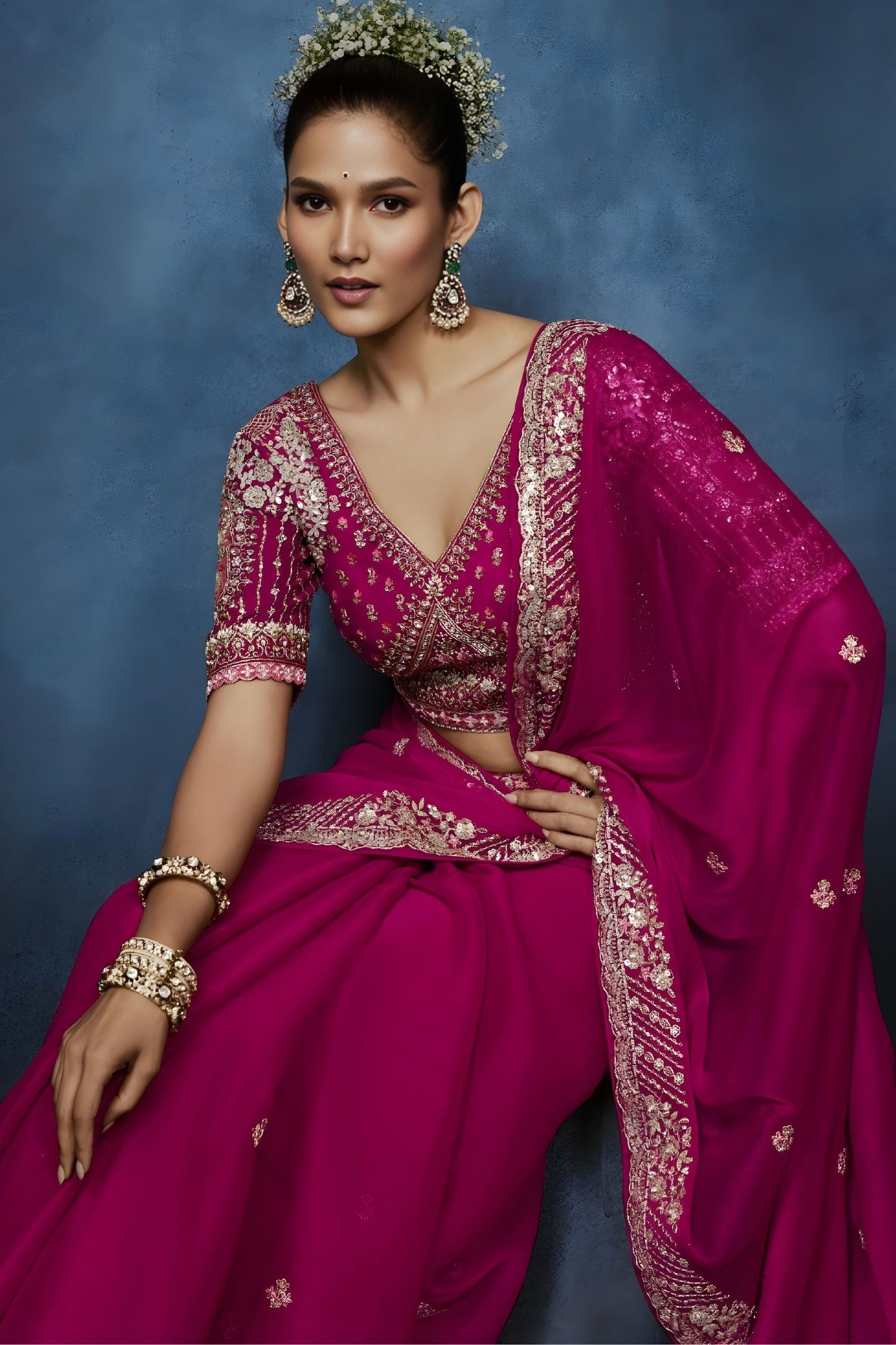 Luxury Rani Pink Embroidered Saree with Designer Blouse