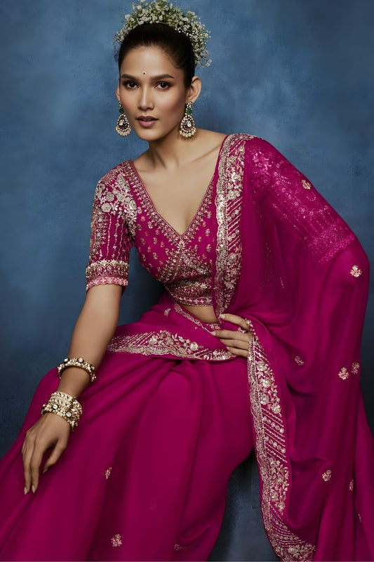 Luxury Rani Pink Embroidered Saree with Designer Blouse