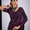 Wine Purple Organza Saree Black Floral Embroidery Designer Saree
