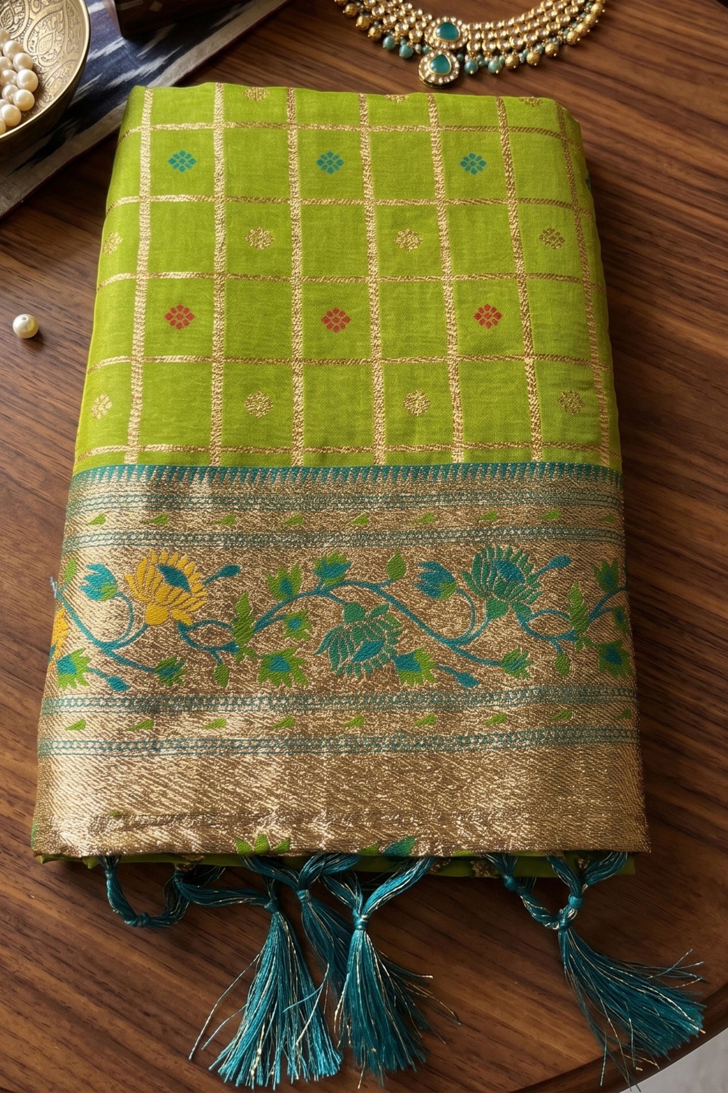 Lime Green Paithani Silk Saree Traditional Zari Border Designer Green Blouse