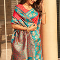 Coral Red Silk Saree Teal Green Contrast Border Floral Zari Work