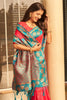 Coral Red Silk Saree Teal Green Contrast Border Floral Zari Work