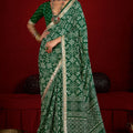 Green Bandhani Print Georgette Saree with Golden Border Festive Wear