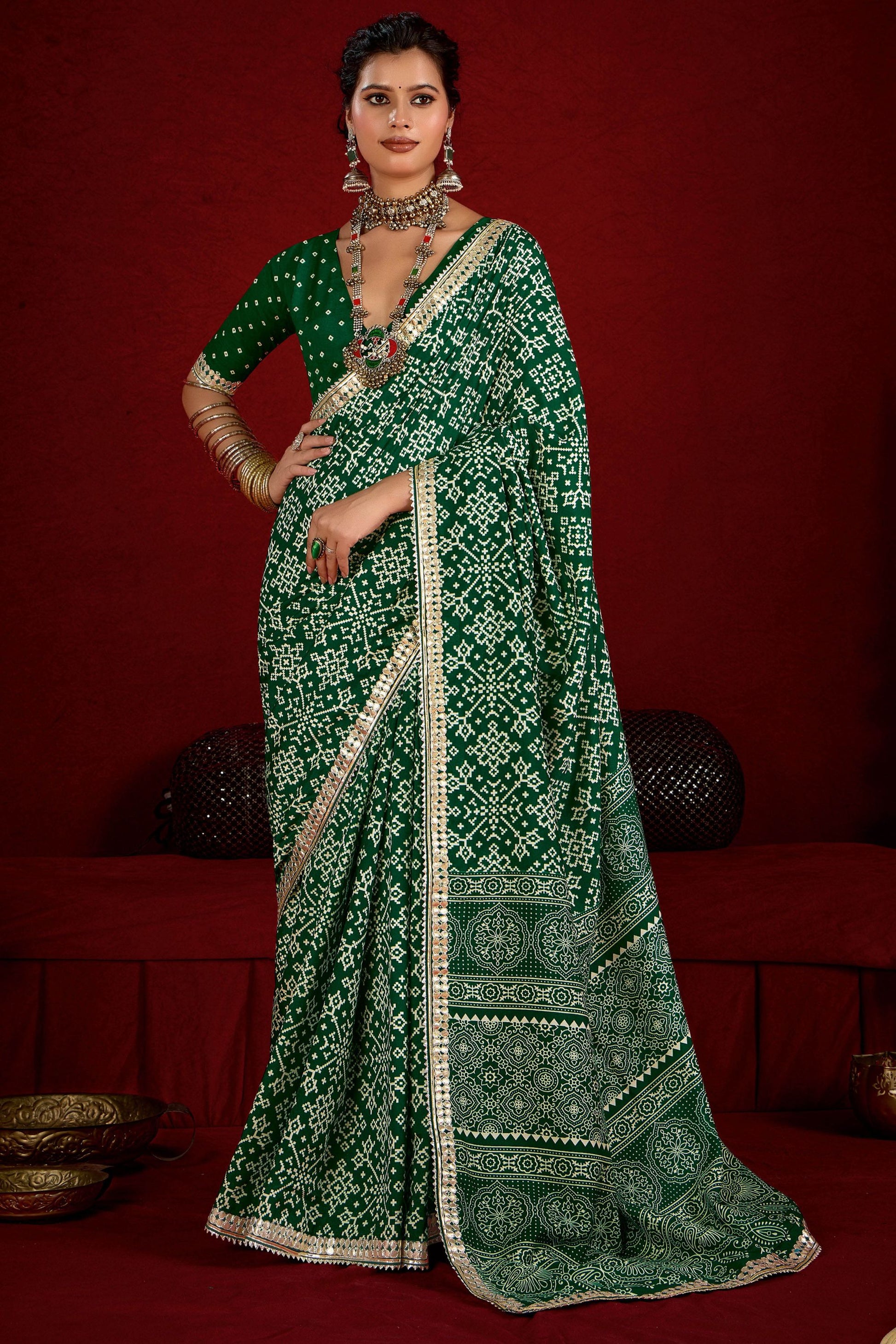 Green Bandhani Print Georgette Saree with Golden Border Festive Wear