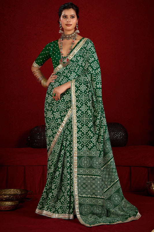 Green Bandhani Print Georgette Saree with Golden Border Festive Wear