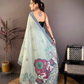 Sage Green Linen Cotton Saree Elephant Print Pallu