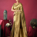 Olive Gold Banarasi Silk Saree Rich Golden Zari Weaving Blouse