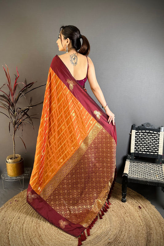 Rust Orange and Maroon Banarasi Silk Saree with Rich Zari Weaving