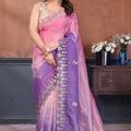Pink Purple Embroidered Organza Silk Saree Designer Border