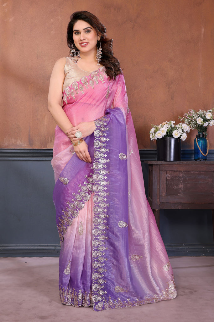 Pink Purple Embroidered Organza Silk Saree Designer Border