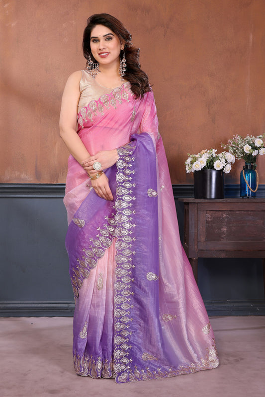 Pink Purple Embroidered Organza Silk Saree Designer Border