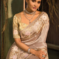 Beige Designer Embroidered Silk Saree with Floral Work Wedding Wear