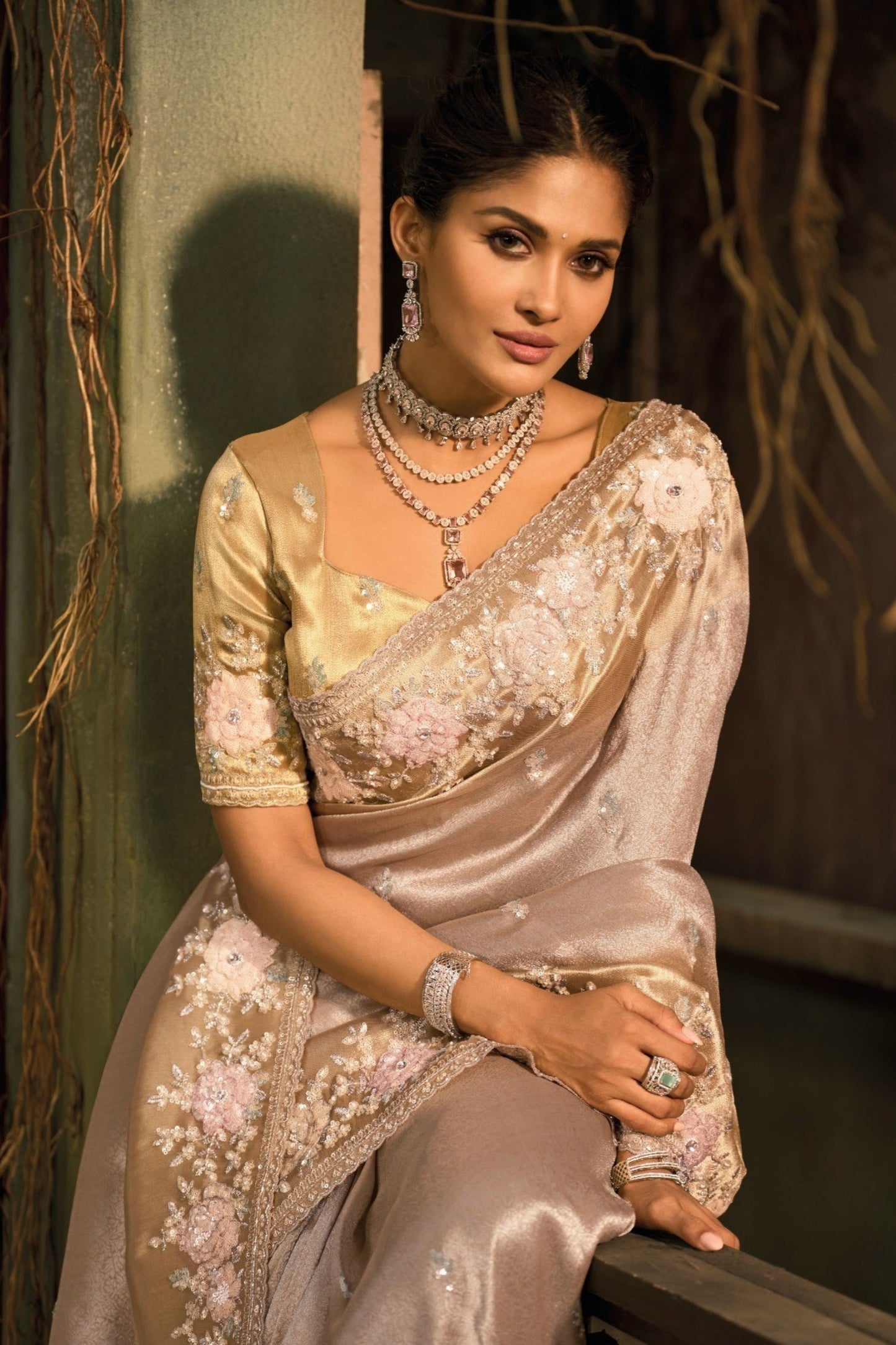 Beige Designer Embroidered Silk Saree with Floral Work Wedding Wear