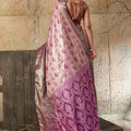 Pink Banarasi Silk Saree with Purple Zari Border Floral Weaving Saree
