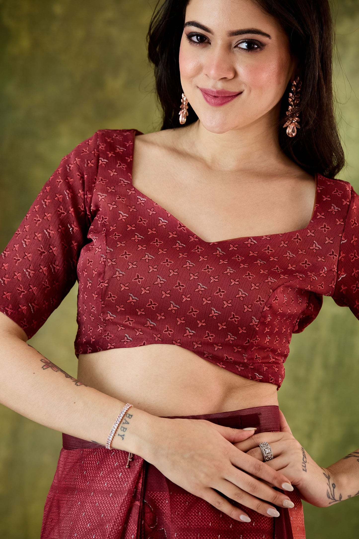 Wine Embroidered Designer Saree with Matching Blouse