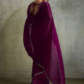 Wine Purple Chiffon Saree Minimal Zari Border Embroidered Blouse