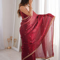 Luxury Wine Red Organza Saree Golden Embroidered Border