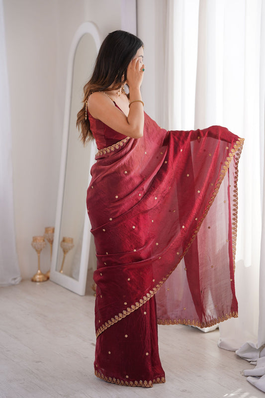 Luxury Wine Red Organza Saree Golden Embroidered Border