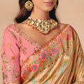 Premium Pink Gold Silk Saree Floral Zari Border Heritage Print Pallu