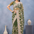 Olive Green Floral Embroidered Net Saree with Designer Border