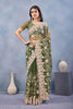 Olive Green Floral Embroidered Net Saree with Designer Border