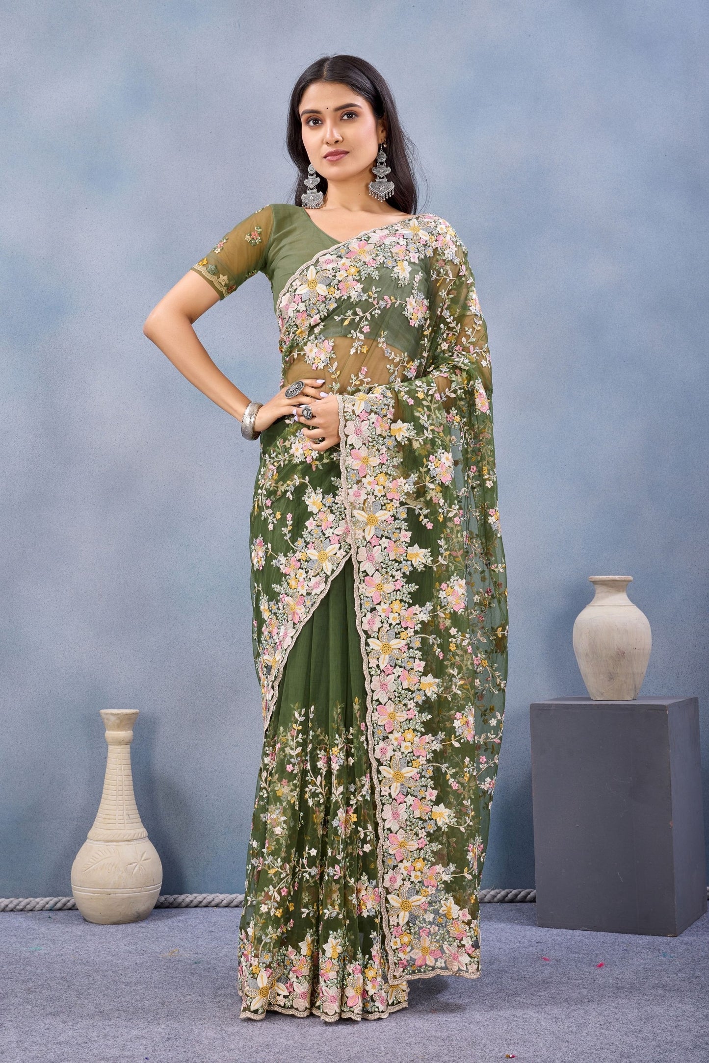 Olive Green Floral Embroidered Net Saree with Designer Border