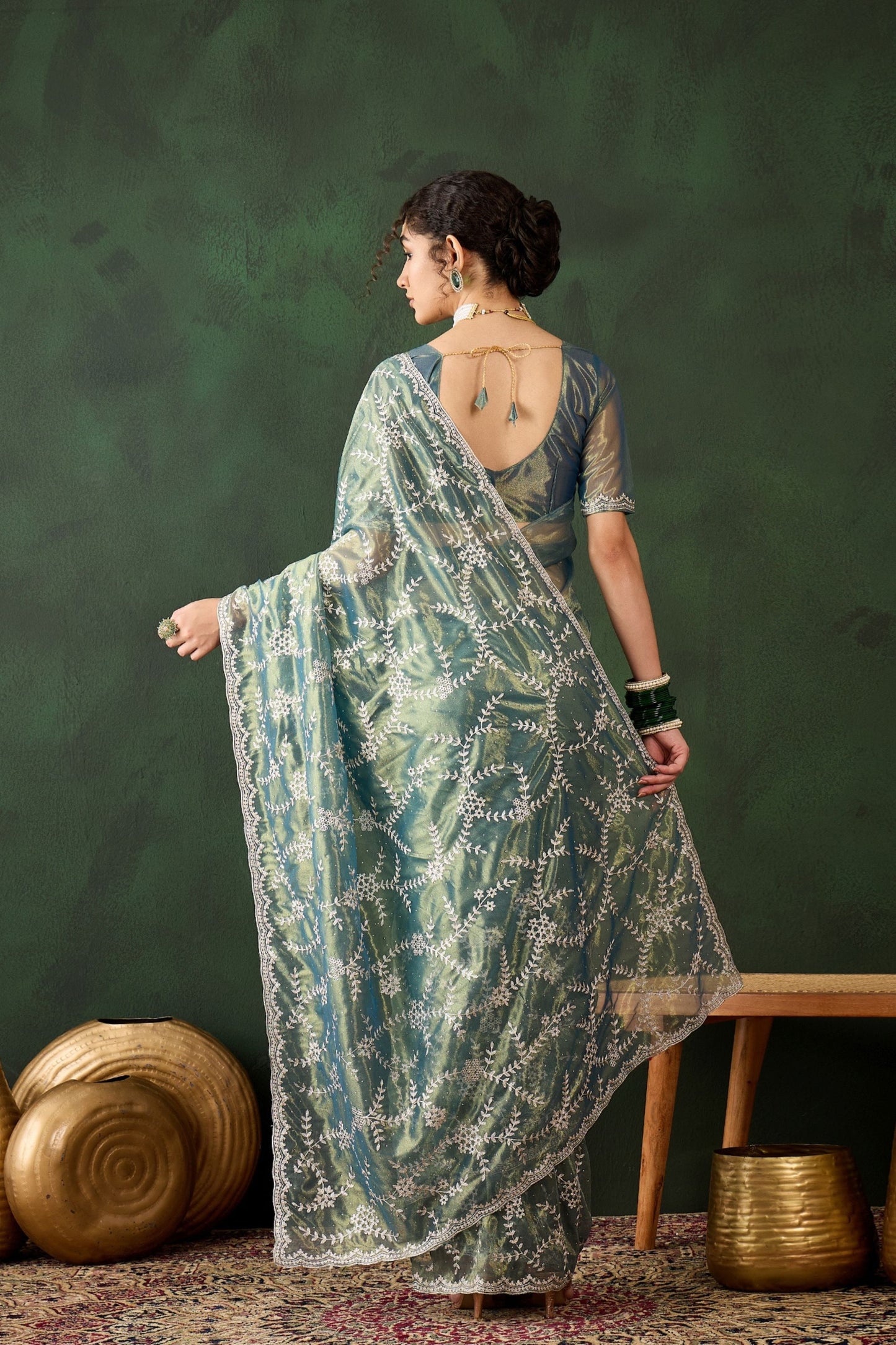 Sea Green Embroidered Net Saree with Designer Border Party Wear Saree