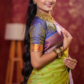 Parrot Green Kanjivaram Silk Saree Gold Zari Border Butti Work
