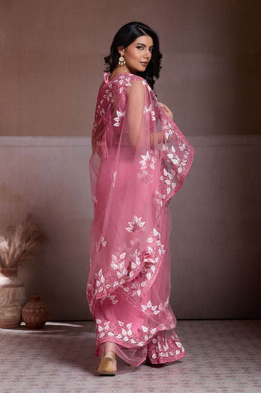 Pink Net Saree Floral Embroidery Matching Blouse Party Wear Saree
