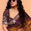 Chocolate Brown Designer Embroidered Silk Saree Zari Border Blouse Piece